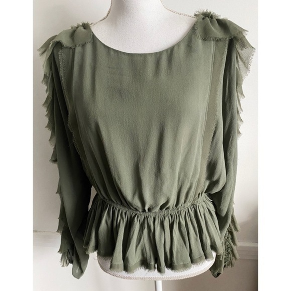 Love Shack Fancy • Olive Green Ruffle Nellie Sleeve Top - Picture 6 of 14
